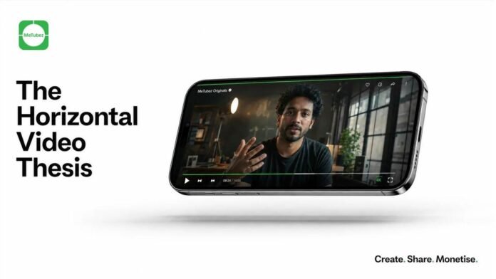 MeTubez mobile app interface showing seamless 16:9 horizontal video playback with vertical swipe navigation