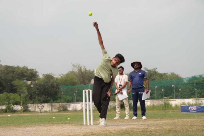 Young cricketers participating in the Super T10 League talent hunt trials in Lucknow