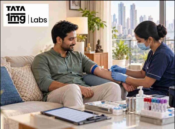 Trained phlebotomist collecting a blood sample at home in Mumbai for diagnostic testing and health checkup services